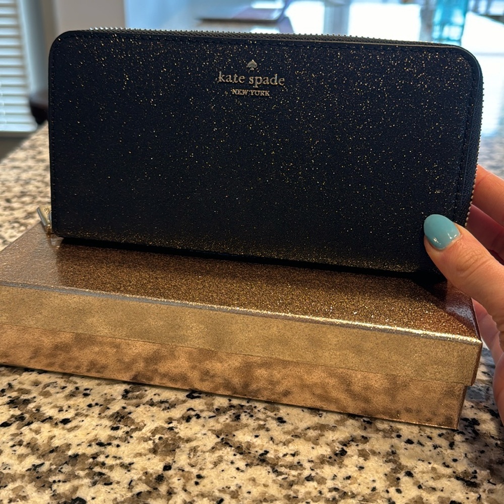 Brand in Box New Kate Spade Large Continental Wallet Black Glitter